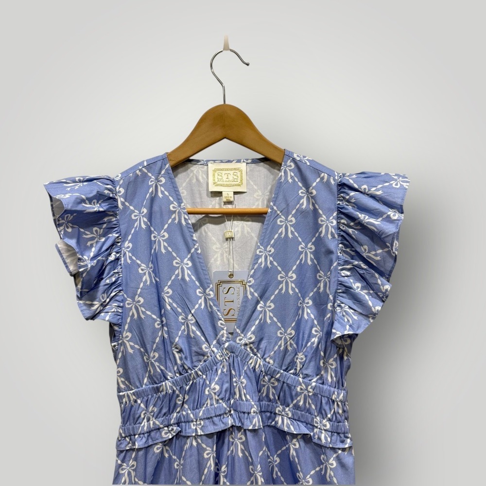 Sail to Sable Hydrangea Bow Print Flutter Sleeve V Neck Maxi Dress Blue SP25T5 S - Picture 3 of 9